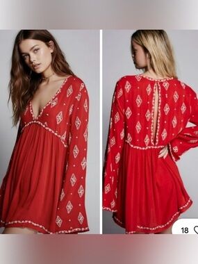 Free People Diamond Embroidered Tunic Bohemian Red White Size Small